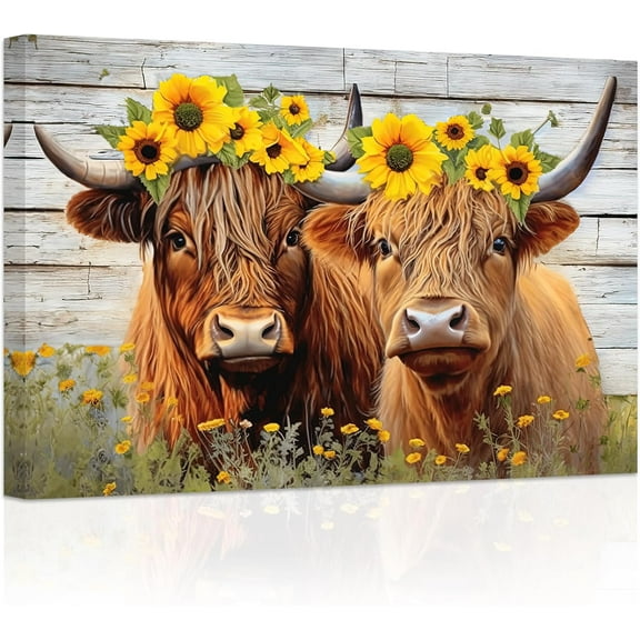 ZHONGYUTONG Highland Cow Canvas Wall Art Cute Cattle with Flower Poster Prints Western Animals Pictures for Country Farmhouse Kitchen Bathroom Decor (28.00" x 42.00")