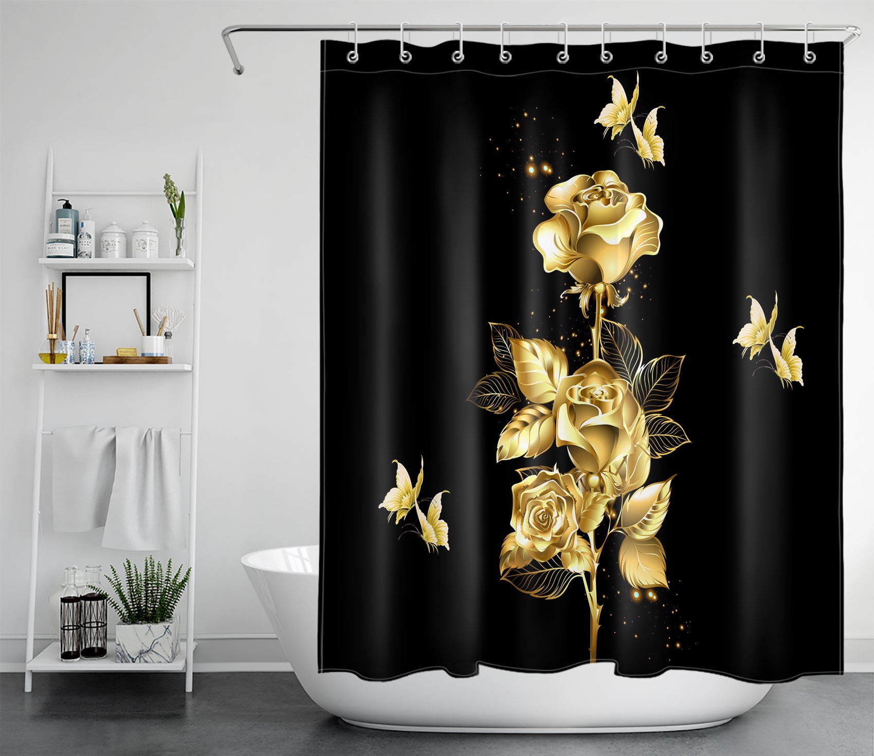 HVEST Rose Shower Curtain Black and Golden Shower Curtain for Bathroom,Flower and Butterfly Bath Accessories Polyester Waterproof Durable Fabric curtain with Hooks 60x72 Inches