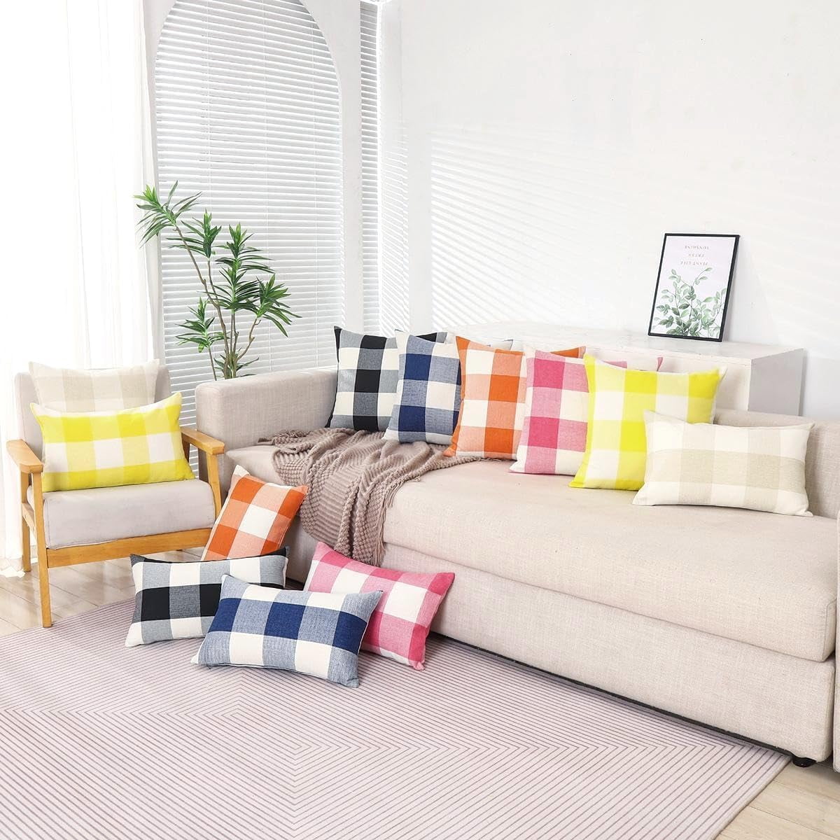 Beige Cream White 20x20 Outdoor Throw Pillow Covers Set of 2 Buffalo Plaid Farmhouse Pillow Covers 20 x 20 Inches, Boho Plaid Decor for Outdoor Patio and Yard