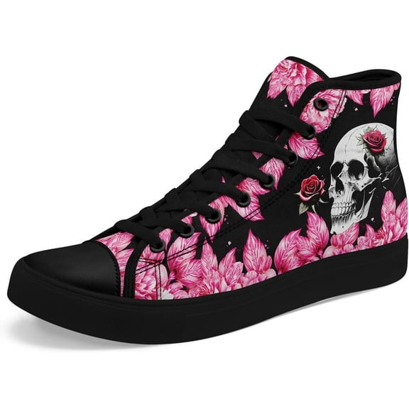 Mens Womens Gothic Skull Rose High Top Canvas Sneakers Punk Rock Floral Cool Lace-Up Casual Shoes Edgy Streetwear Aesthetic
