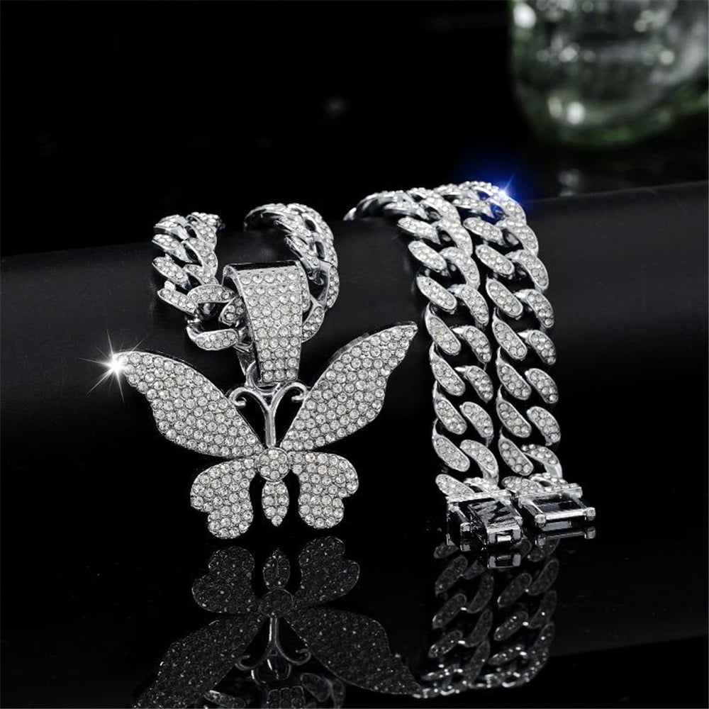Men Women Hip Hop New Butterfly Pendant Necklace 15mm Crystal Cuban Chain HipHop Iced Out Bling Necklaces Fashion Charm Jewelry