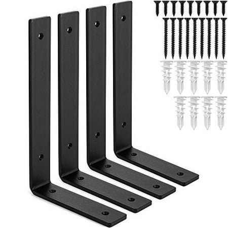 Premium Heavy-Duty Shelf Brackets - Quarter Inch (1/4") Thick - Rustic Industrial Modern Farmhouse Black Iron Finish Open Shelving Holder Hanger w/Hardware, 4-PK - Multiple Sizes Available (10" x 6")
