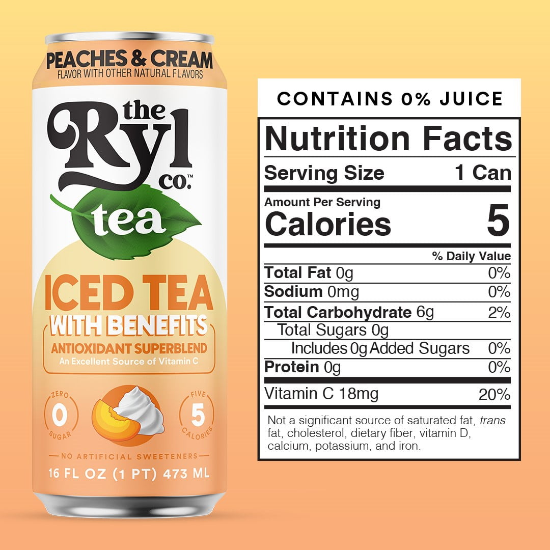 (2 pack) Ryl Iced Tea Peaches n’ Cream, Zero Sugar Black Tea, Antioxidant Superblend, 16 fl oz Ready-to-Drink Can