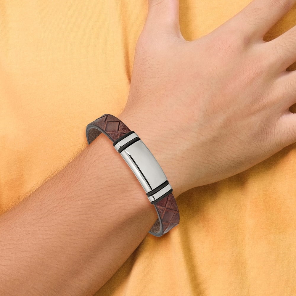 Diamond2Deal Stainless Steel Polished Brown Faux Leather with Black Rubber ID Bracelet for Men 8.25"
