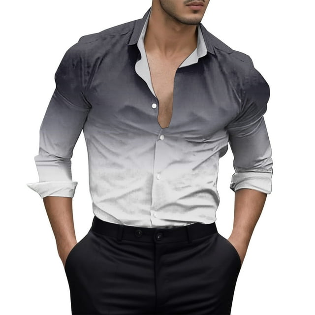 Camisas Para Hombre Manga Larga Top de camisa con botones de solapa con estampado 3D digital degradado informal para hombre (Grey, 3XL)