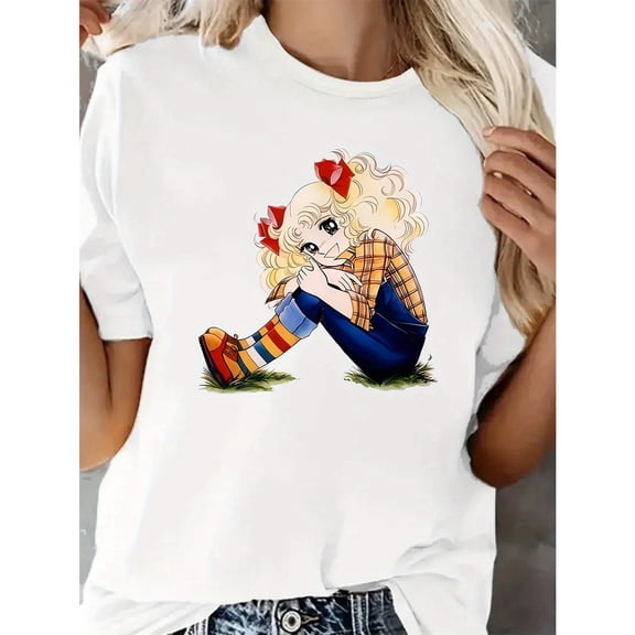 Women's Graphic Cartoon T-Shirt - Playful Sporty Blonde Character Tops - Soft Casual Streetwear for Summer