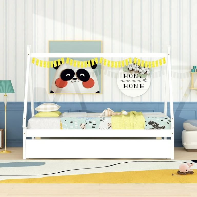 Twin Size Tent Floor Bed Teepee Bed Frame with Trundle Wood Montessori Bed for Girls Boys Bedroom White
