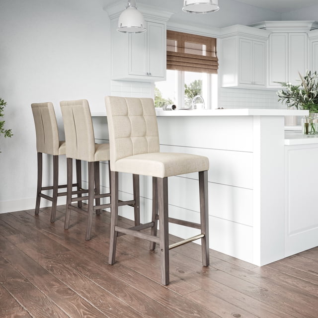 CorLiving Leila Fabric Upholstered Indoor Bar Height Barstool with Wood Legs and Metal Foot Rest, Beige (Sold Individually)