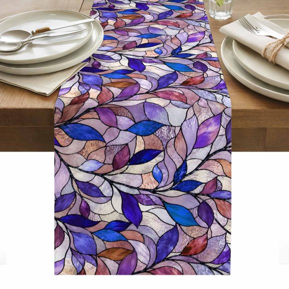 Purple Blue Leaves Table Runner Stained Glass Botanical Leaf Branches Tablerunners 13 x 60 Inch, Table Decorations Tabletop Scarf for Summer Gathering Holiday Farmhouse Kitchen Dining Decor
