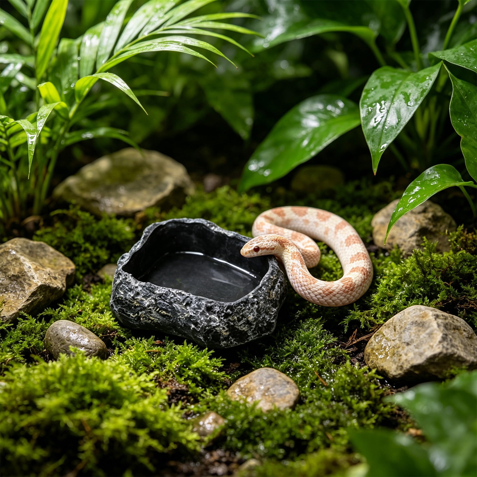 Reptile Food Water Bowl - Rock Style Feeding Dish for Bearded Dragon Lizard Turtle Snake Amphibian Habitat, Crag Texture Bathing Bowl for Terrarium Decor, Sturdy Non-Tip Plastic, Black