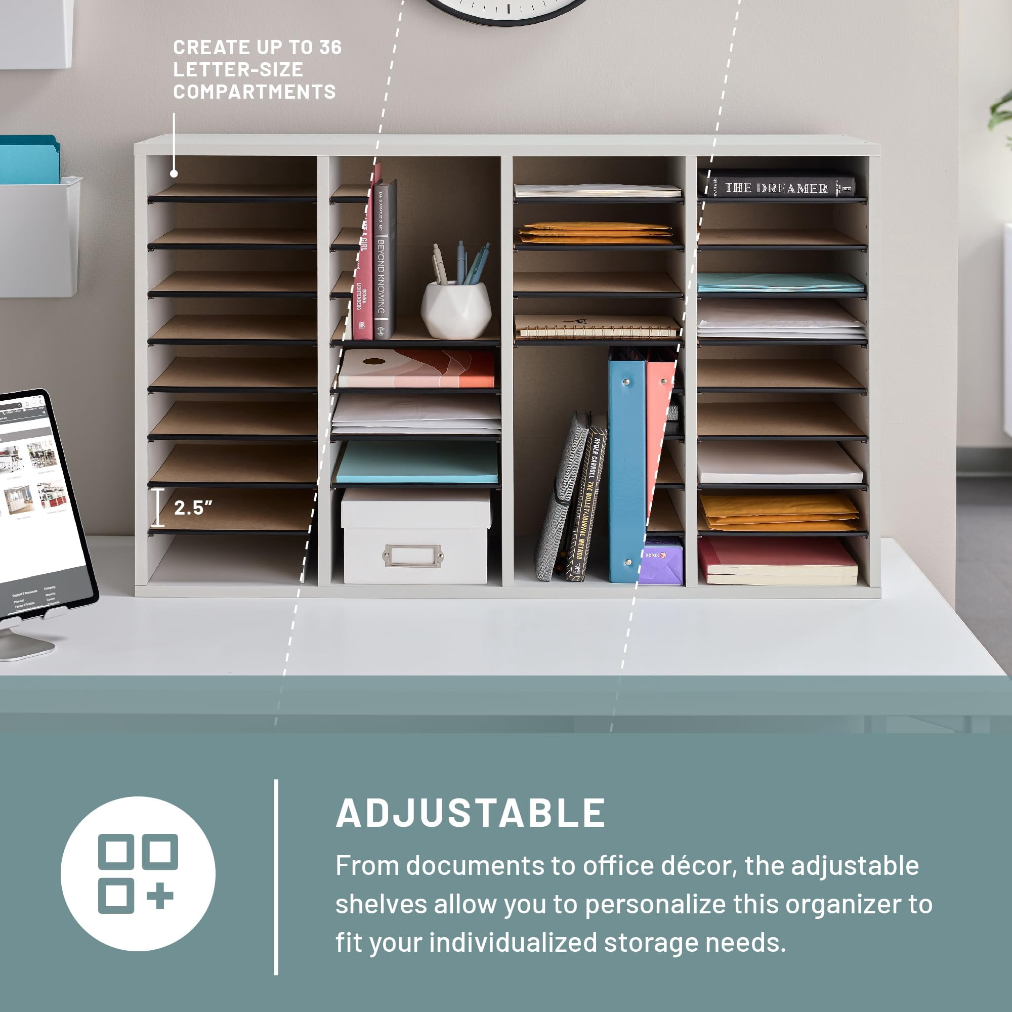 Safco Grey 36 Compartment Wood Adjustable File Organizer