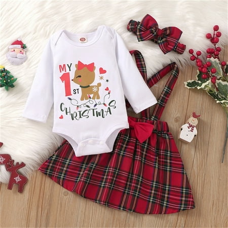 

FZM Christmas Toddler Kids Girls Chiristmas Letters Deer Prints Flare Long Sleeves Romper Suspender Plaid Skirt Hairband Outfit Set Cloths