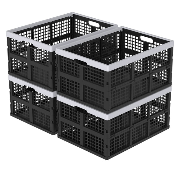 Ponpong 4 Packs Plastic Collapsible Storage Crates, Large Folding Stackabl Crate, 66 L