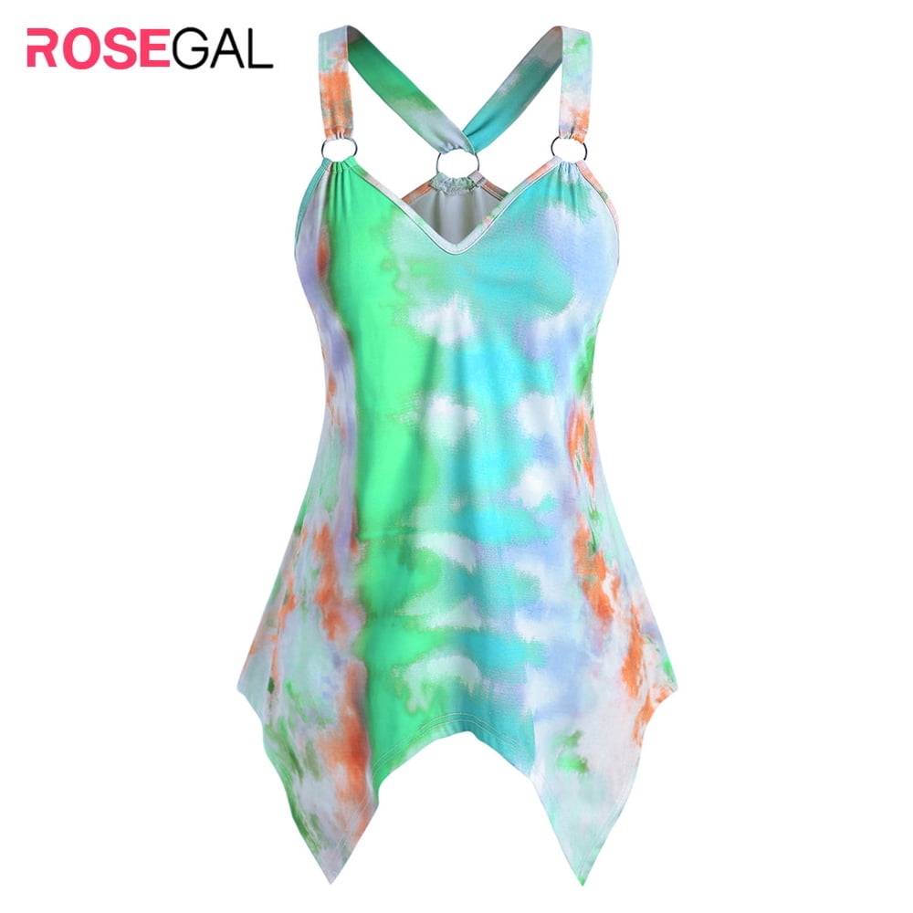 Rosegal for Women Plus Size Tie Dye O Ring Hanky Hem Tank Top Aquamarine L
