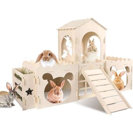 Petyoung Large Bunny Castle with Hay Feeder Wooden Rabbit Hideout with Ramp Detachable Multi-Room Playhouse for Rabbits Guinea Pigs Small Animals