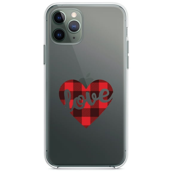 DistinctInk Clear Shockproof Hybrid Case for iPhone 11 Pro (5.8" Screen) - TPU Bumper Acrylic Back Tempered Glass Screen Protector - Buffalo Love Heart - Red Black Plaid