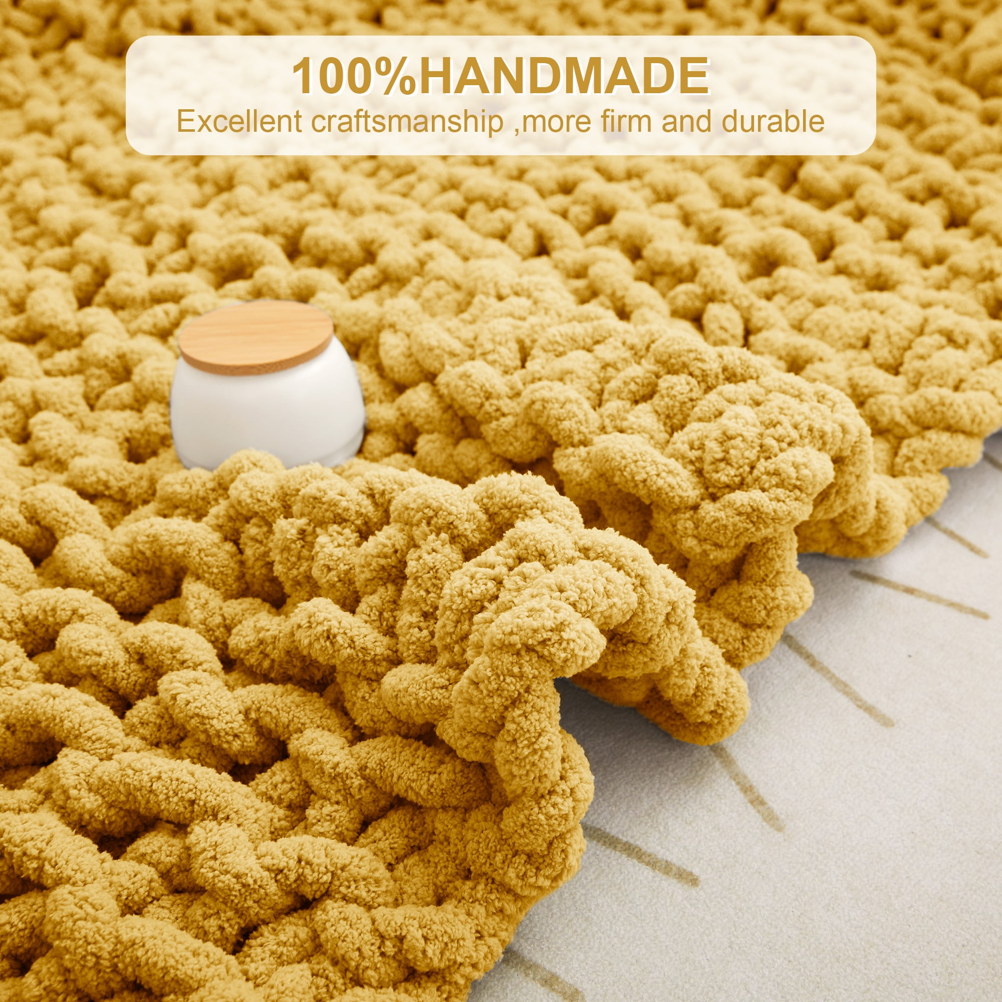Viviland Chunky Knit Throw 30"x40" Mustard Yellow Soft Washable Chenille 100% Handmade Crochet for Couch Bed Sofa Home Decor