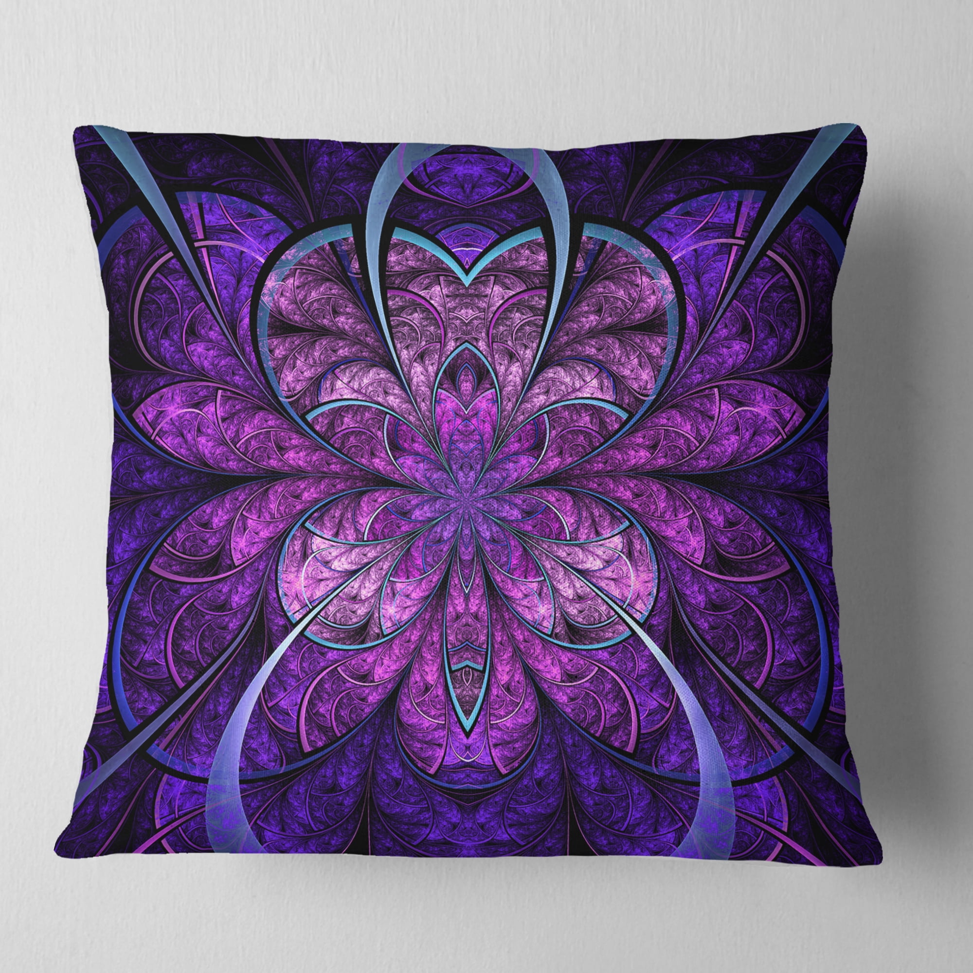 Designart Blue and Purple Large Fractal Flower - Floral Throw Pillow - 16x16