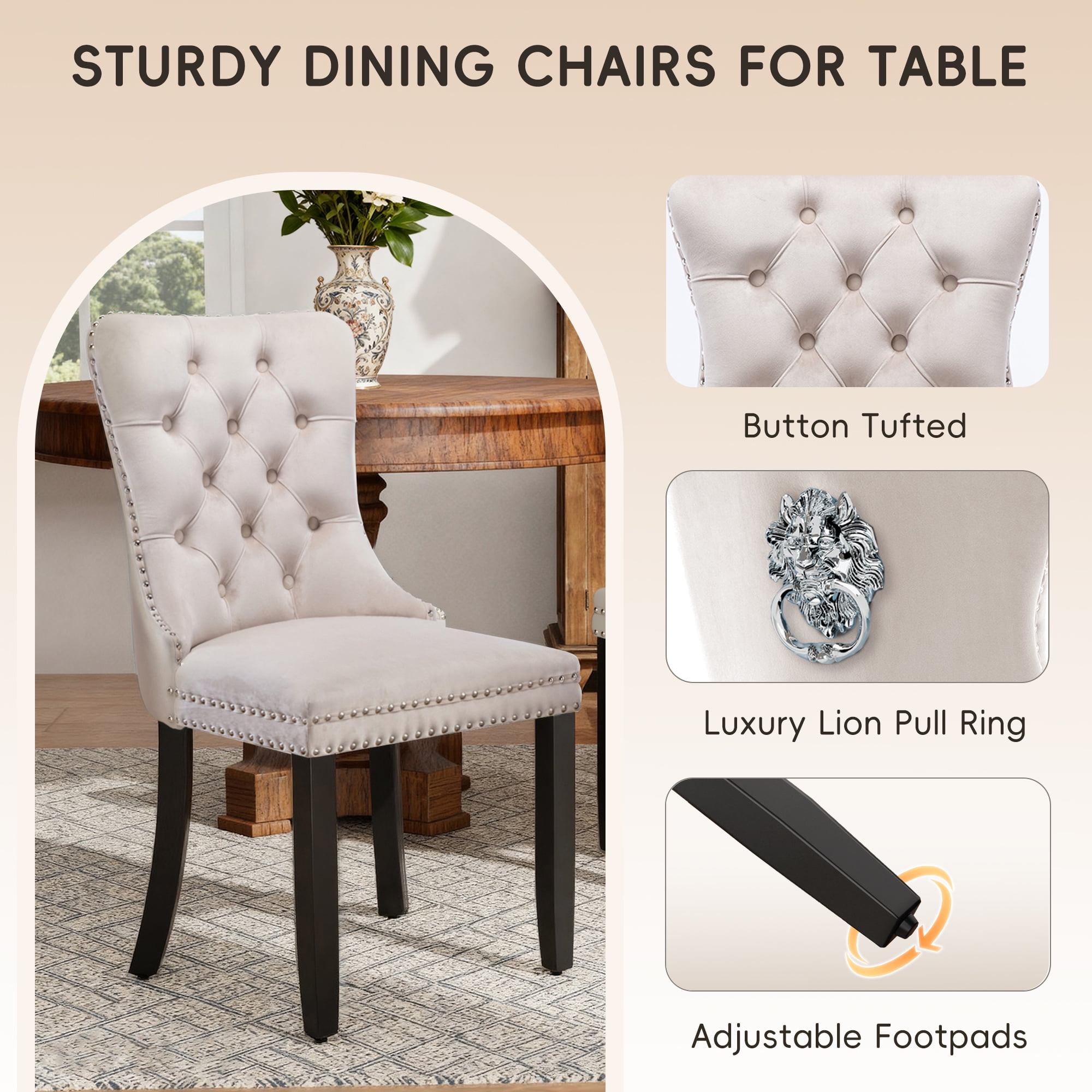 DONICK Velvet Upholstered Dining Chair Set of 2,Modern Tufted Kitchen Chairs Nailhead Lion Pull Ring Black Wood Legs(Beige)