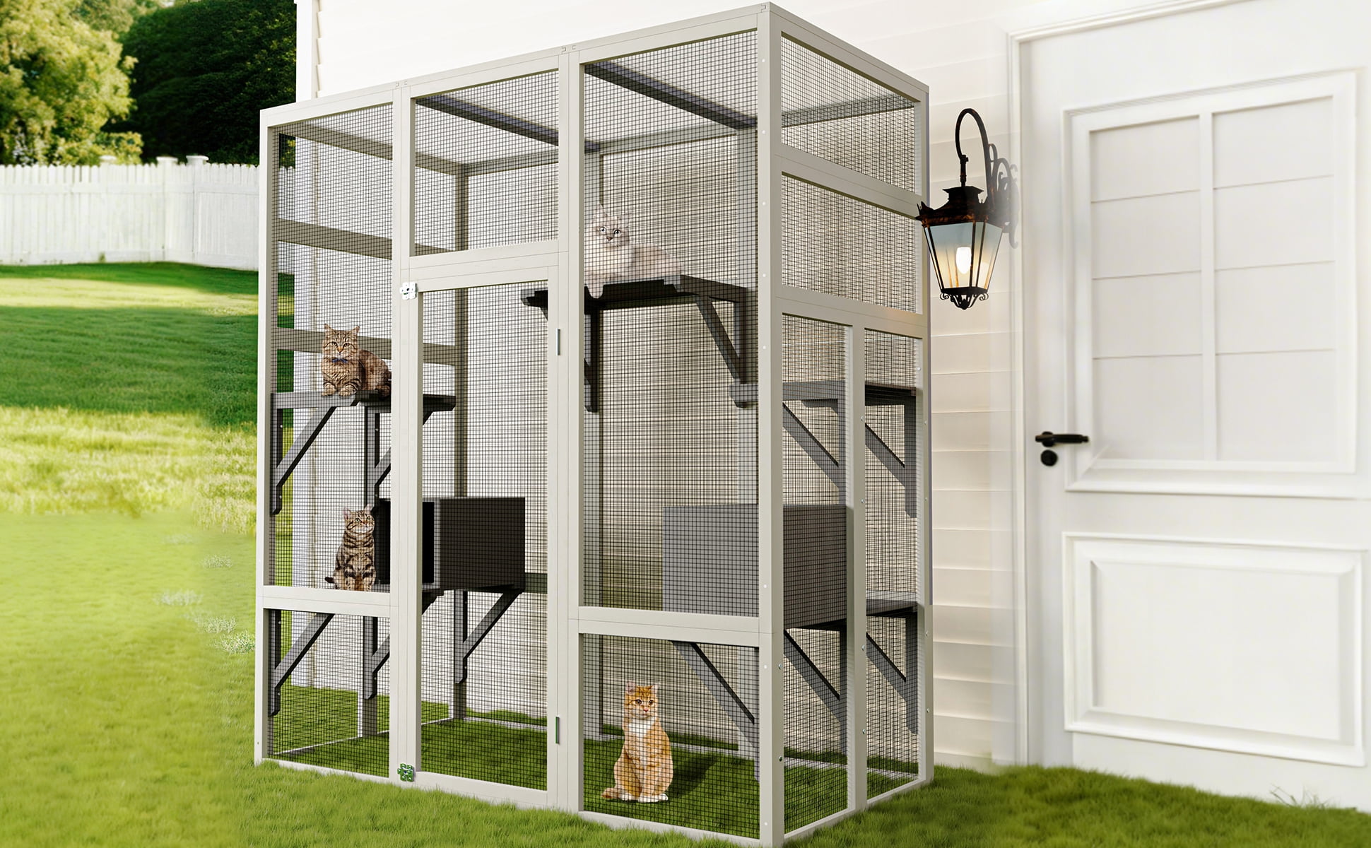 Catio Outdoor Cat Enclosure with 7 Platforms, 2 Resting Boxes, Large Window Cat House for 4-6 Mulitiple Cats Walk in Kitty Cage 70"