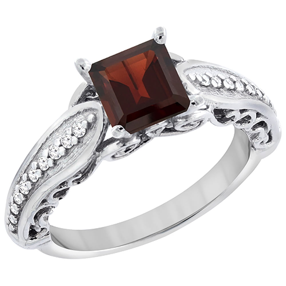 10K White Gold Natural Garnet Ring Square 8x8mm with Diamond Accents, sizes 5 10 by WorldJewels