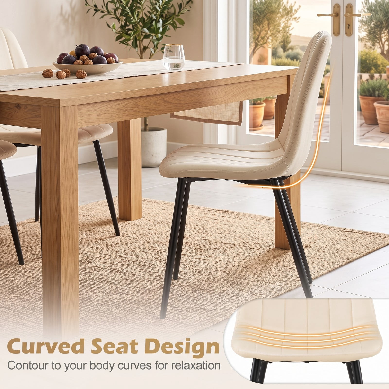 Furnibear Upholstered Fabric Dining Chairs Set of 4, Mid-Century Modern Accent Kitchen Side Chairs with Sturdy Metal Legs, Curved Backrest and Padded Seat for, Beige
