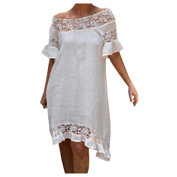 Puntoco Vestido De Verano Informal Con Cuello Redondo Y Encaje Blanco, Manga Corta, Hueco, Vestido De Manga Corta Con Cuello Redondo, Blanco M,Regalos Para Mujer Joven