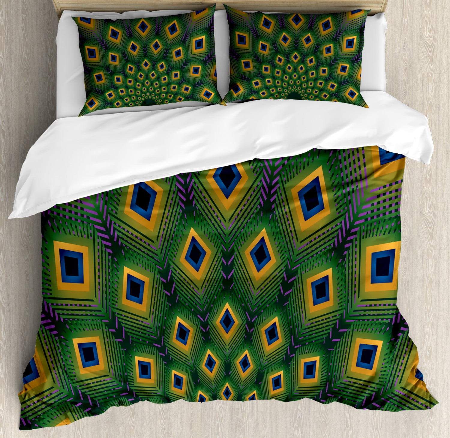 Peacock Duvet Cover Set, Modern Abstract Geometry Inspired Pattern of