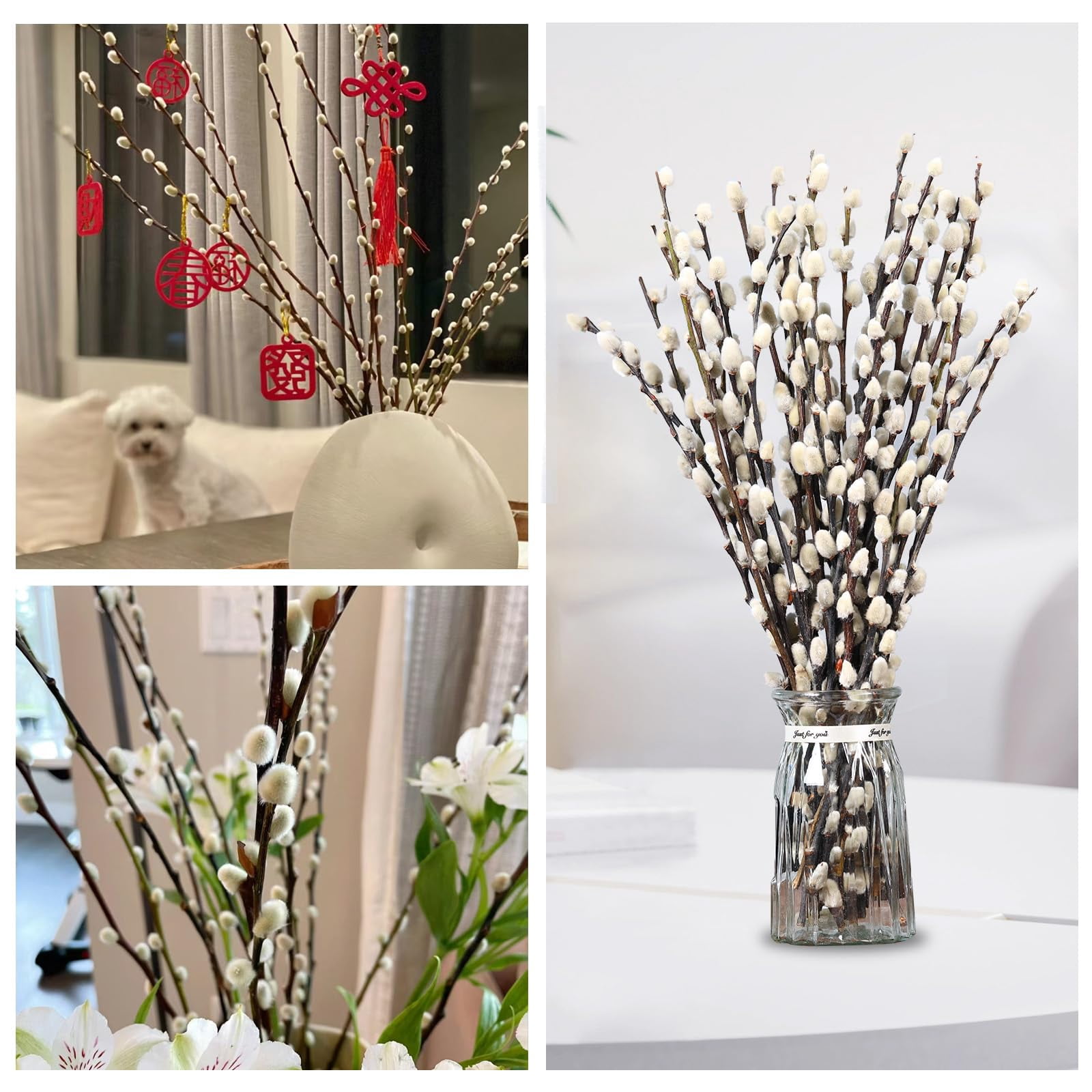 40Pcs Natural Preserved Dried Pussy Willow Branches for Vases, 15.7" Stems Real Willows, Snow Pussywillows, Dried Flowers for Indoor and Outdoor Decor, Wedding Home DIY Floral Art Plants Fireplace