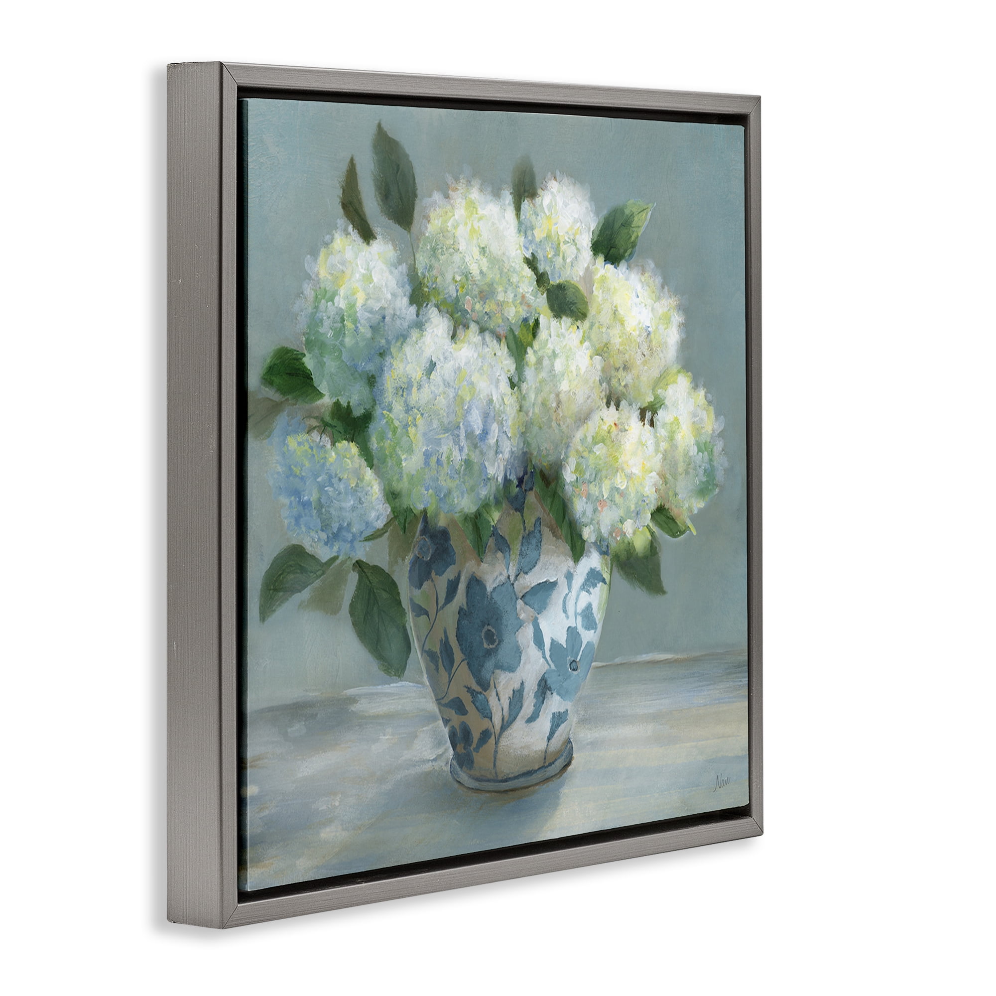 Stupell Industries Hydrangeas in Elegant Vase Gray Framed Floater Canvas Wall Art, design by Nan