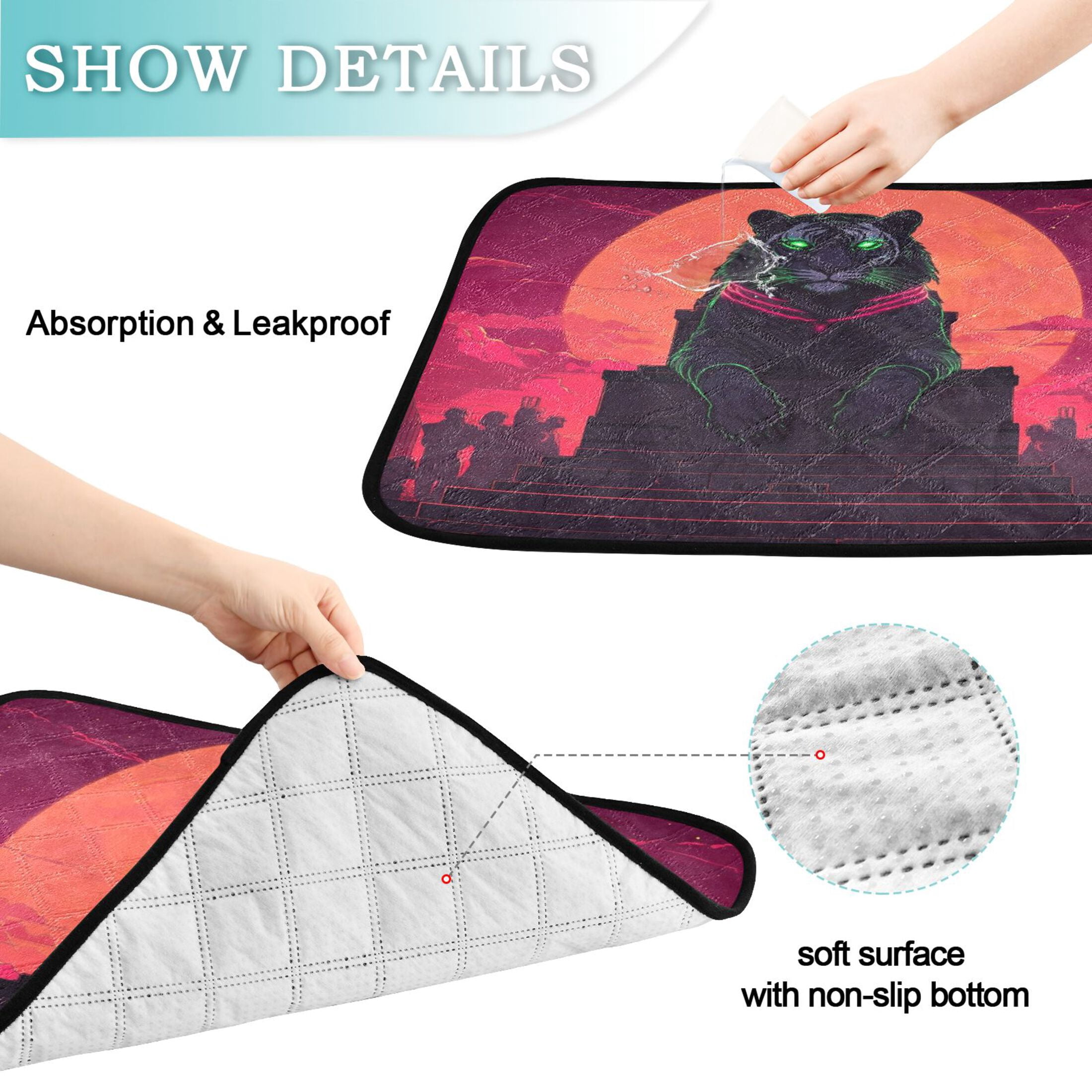 Qxltty Black Tiger with Glowing Green Eyes Cat litter Pads Pet Set of 3 Diaper Mats Center Anti-leakage Layer Absorbent Soft and Comfortable