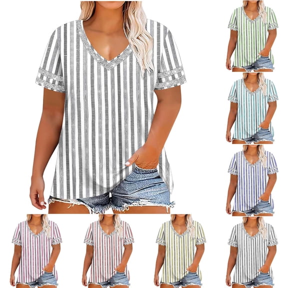 YFNNUP Women's Plus Size Top Striped Printed Short Sleeve Top Loose Fit V Neck Blouse Summer Casual Vacation Shirts Blue XL