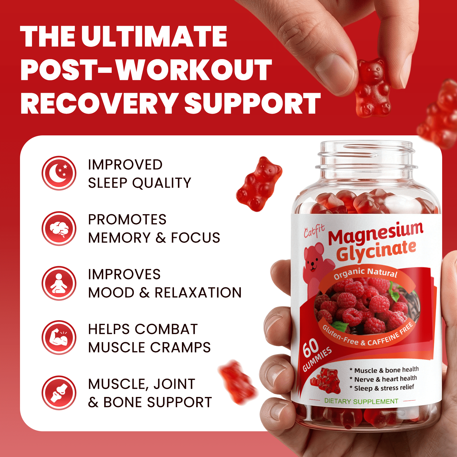 Catfit Magnesium Glycinate Gummies - Magnesium Glycinate Gummies Supplement for Relaxation, Cognition and Sleep Quality, Sugar Free - 60 Gummies