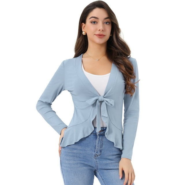 Cardigan Dobladillo Rizado RebeDe Punto Frente De CorbaPaMujeres Azul claro L