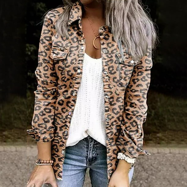 Plus size leopard store print denim jacket