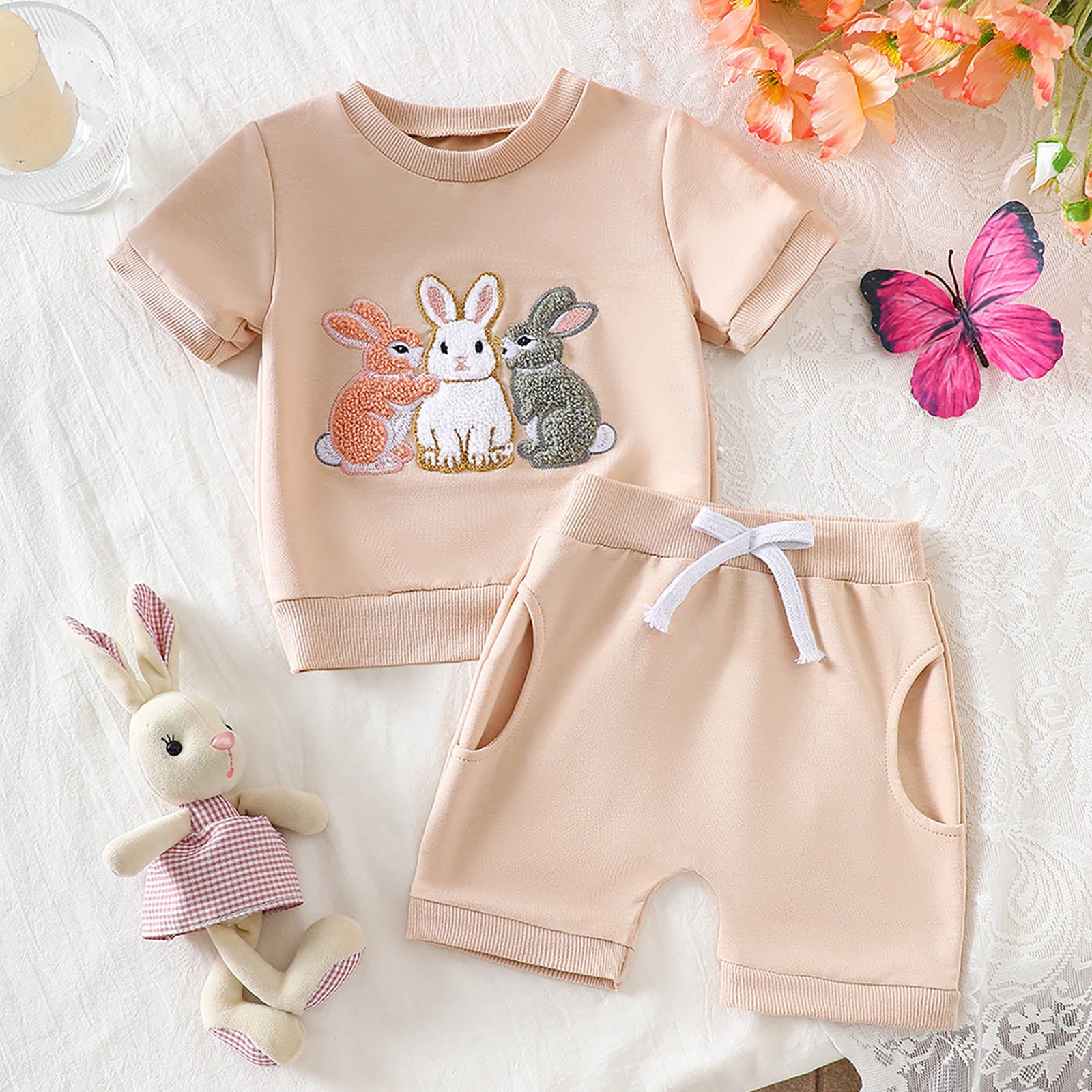 Faraee Toddler Girls Clothes Embroidery Cotton Summer Outfit Baby Kids Short Sleeve T-Shirt Tops Drawstring Pockets Shorts Clothing Set 3 6 12 18 24 Months 2t 3t Beige