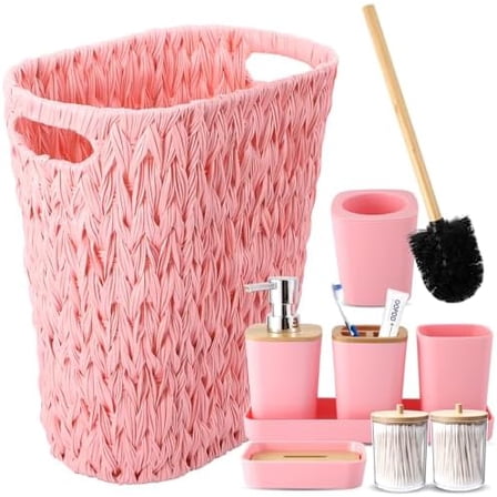 Bathroom Accessories Set with Wicker Trash Can, Pink Bathroom Accessories Pink Bathroom Sets Small Waste Basket Bathroom Trash Can for Bedroom Bathroom
