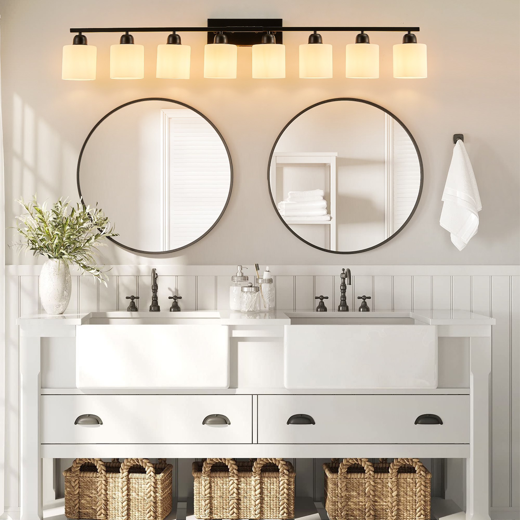 Leumius 8-Light Bathroom Vanity Light Fixture, Modern Vanity Light Over Mirror, Wall Sconces with Milky White Frosted Glass Shades for Mirror, Bathroom, Bedroom and Hallway Black (No Bulbs)