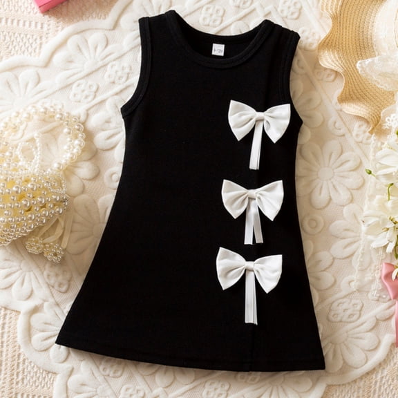 ITSAME Baby and Toddler Girls Dress, Round Neck Cute Bow Sleeveless Summer Fashion Casual A-Line Dress Black 2-3T