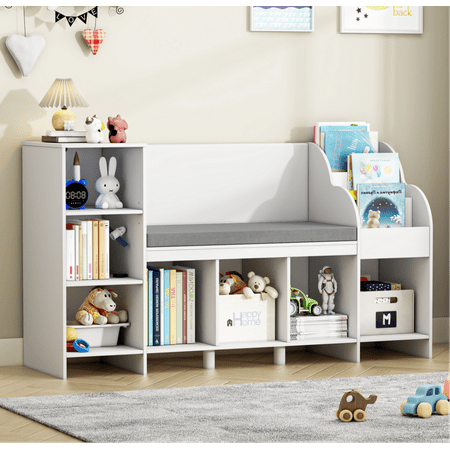 Homfa 31.5   H x 54.5   W Kids Bookshelf with Reading Nook  2 Seats 7 Cube Wooden Child Toy Storage Organizer for Playroom  White