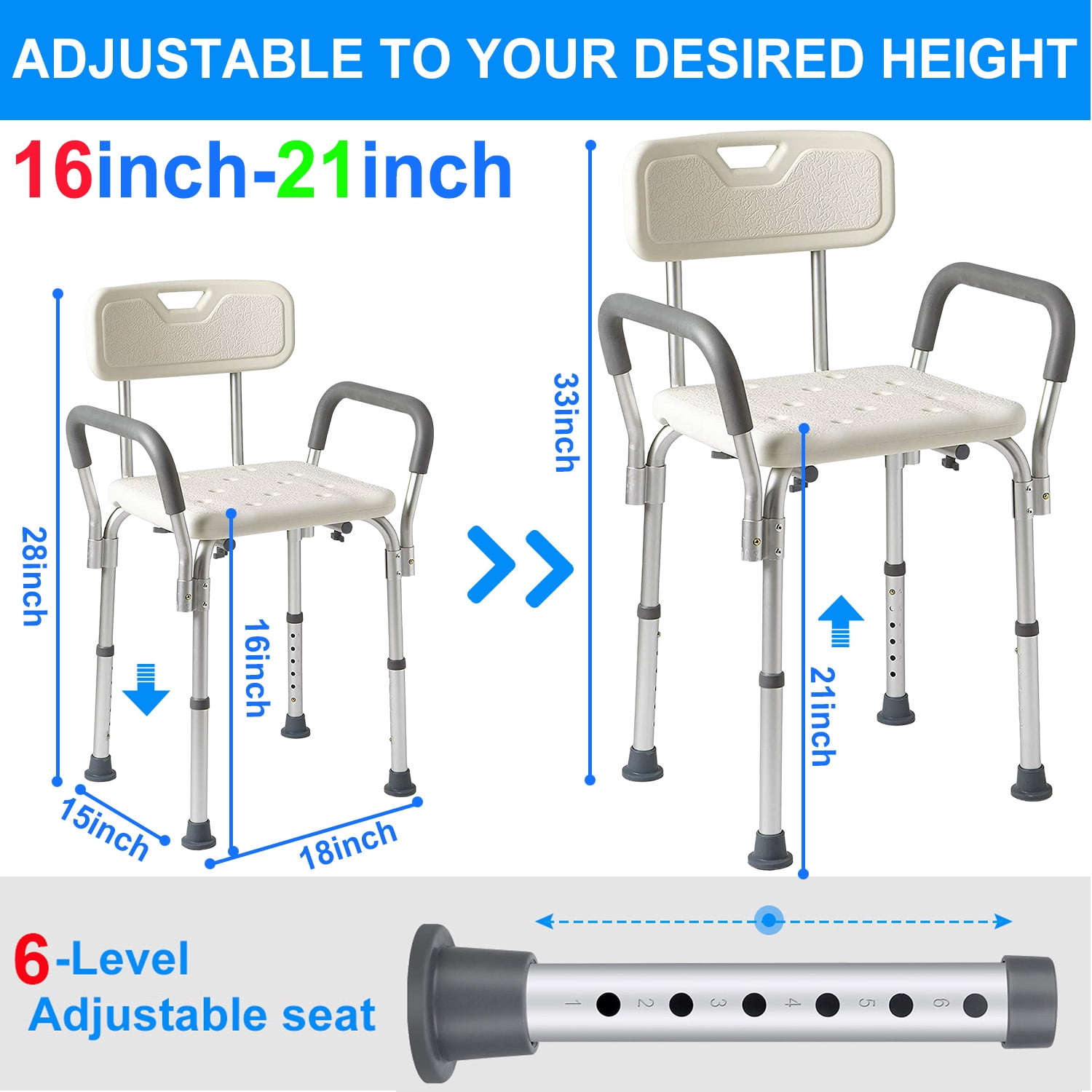 Shower Chair, Heavy Duty Shower Chair with Shower Handle, Adjustable Heights Portable Shower Chair Seat Bench, Anti-Slip Shower Bench Bathtub Stool for Elderly, Senior, Handicap & Disabled
