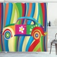 thumbnail image 1 of Modern Decor Shower Curtain, Retro Vector Hippie Style Classic Car with Daisy and Bold Stripes Artwork, Fabric Bathroom Set with Hooks, 69W X 84L Inches Extra Long, Multicolor, by Ambesonne, 1 of 3