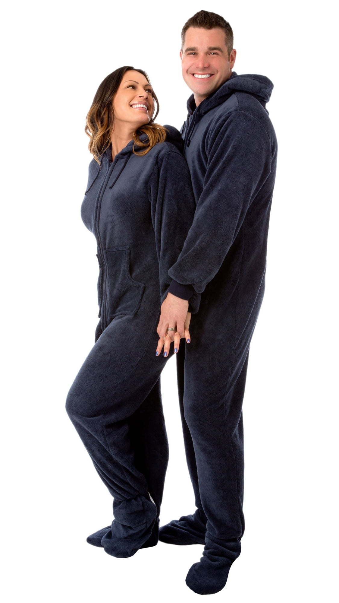 Navy Blue Hooded Plush Adult Mens Footed Pajamas Sleeper w/ Drop Seat - Walmart.com