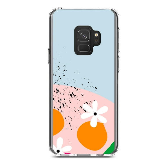 DistinctInk Clear Shockproof Hybrid Case for Samsung Galaxy S9 (5.8" Screen) - TPU Bumper, Acrylic Back, Tempered Glass Screen Protector - Summer Vibes Bold Flower Pink White Orange