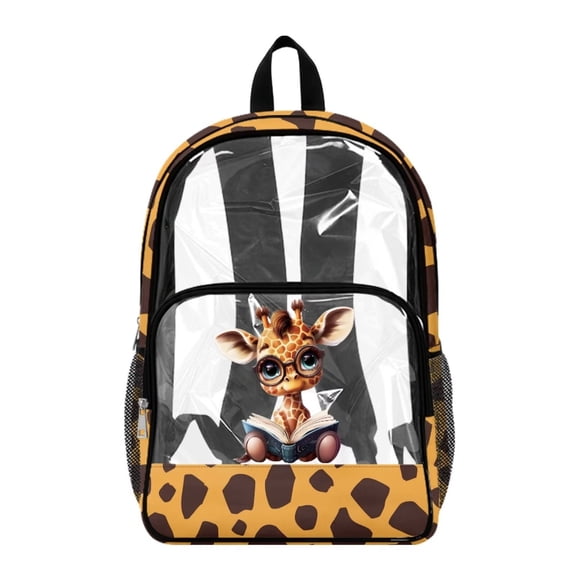 FKELYI Cartoon Giraffe Print 17 Inch Clear Backpack for Boys & Girls, Kids Backpack See Through Schoolbag Spacious Bookbag Travel Bags for Elementary Student