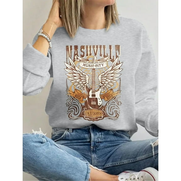 Country Music Guitar Wings Print Sweatshirts Long Sleeve Shirts For Women Gray One-piece