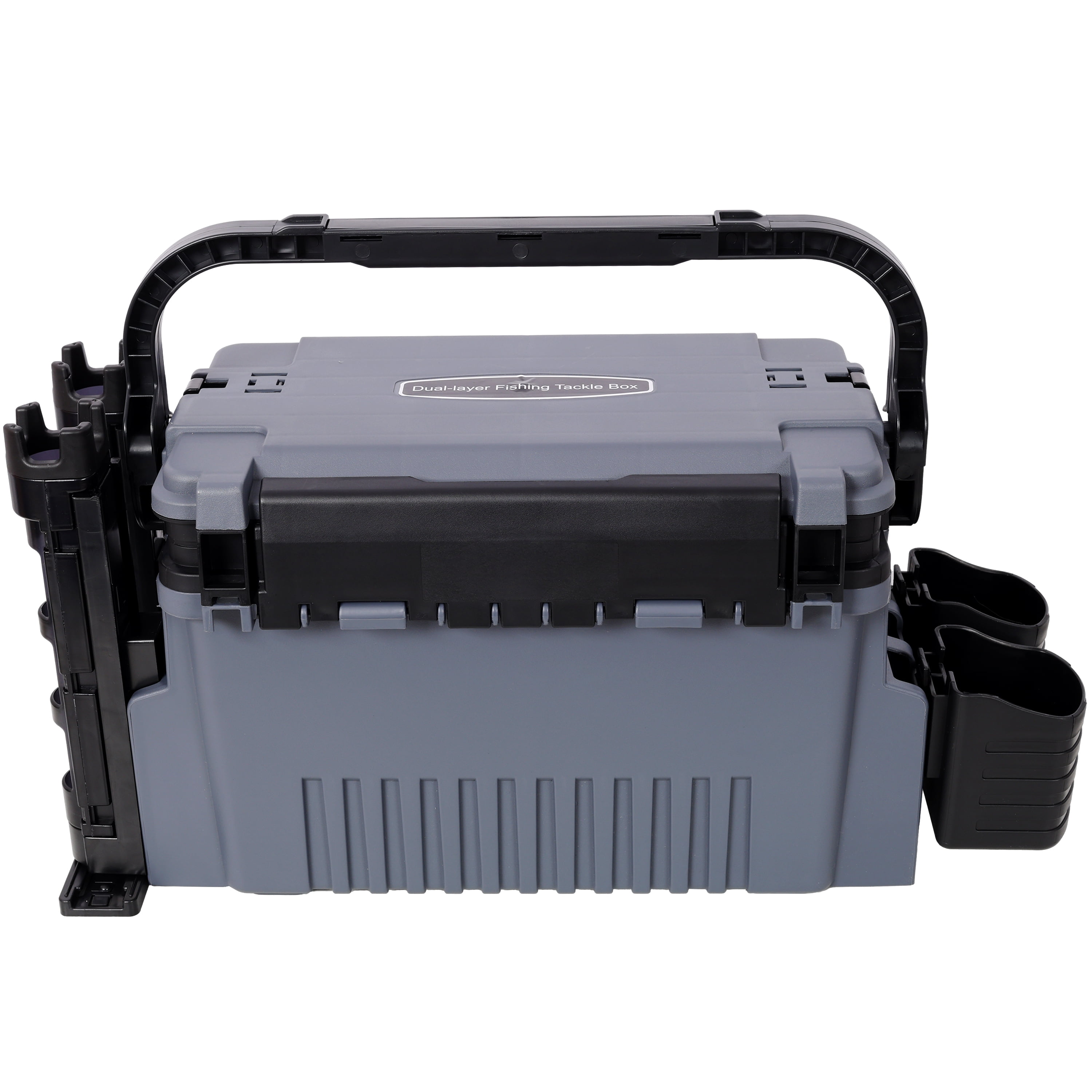 Dual-Layer Fishing Tackle Box Organizer with Rod Holders, 11L Large Capacity Waterproof Tackle Storage with Cup Holders & Carry Strap,Grey