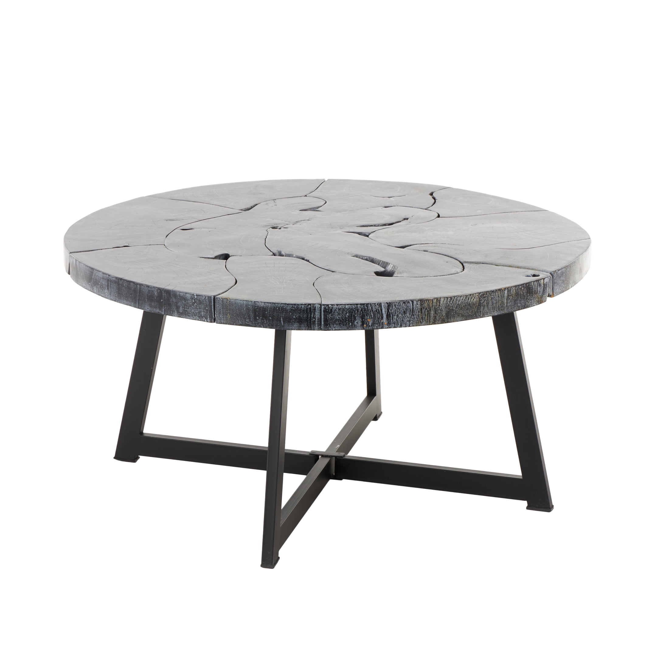DecMode 35" x 18" Black Teak Wood Handmade Live Edge Geometric Coffee Table with Black Metal Base, 1-Piece