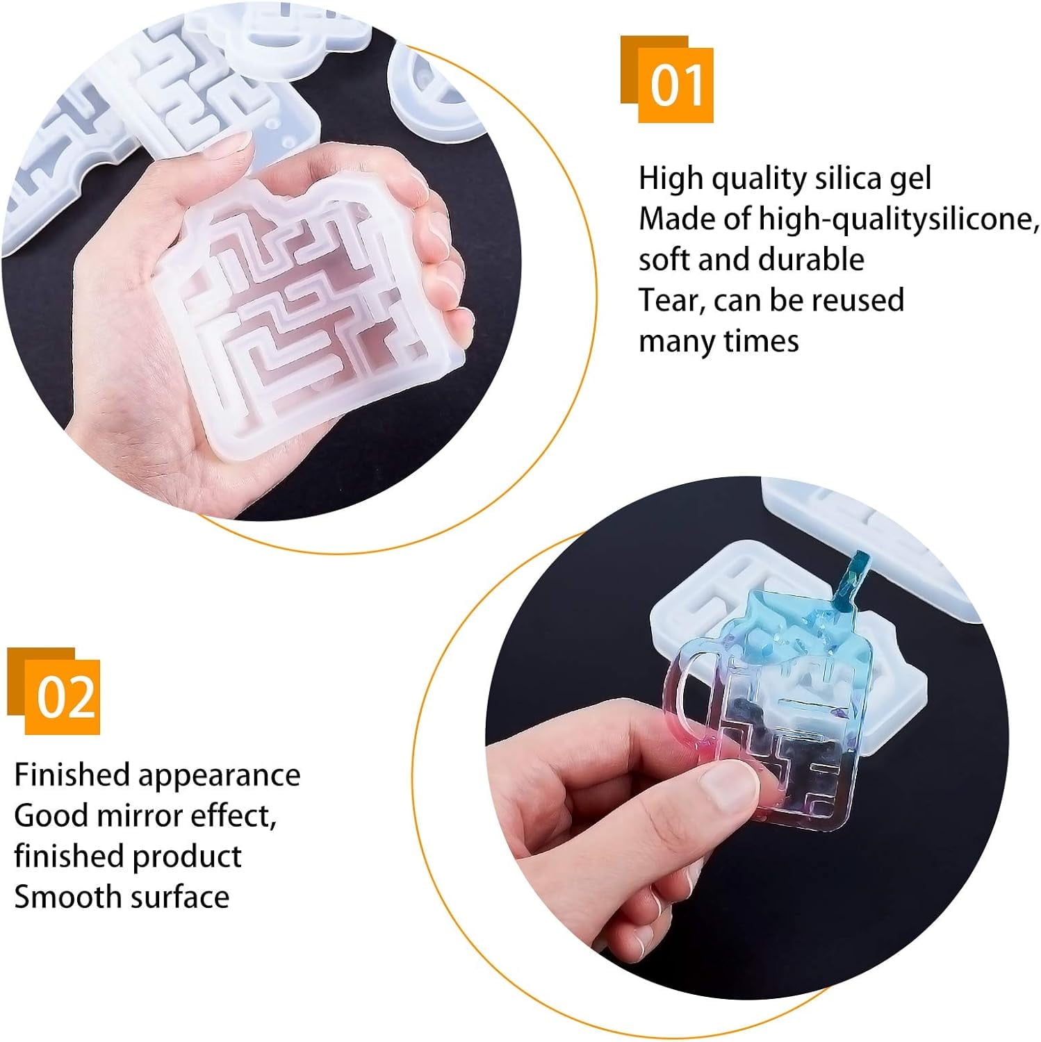 Epoxy Resin Molds Set 8 Shapes Labyrinth Silicone Molds Castle Molds with Sequins Measuring Cup Stirring Rod Pipettes and Latex Finger Cots DIY