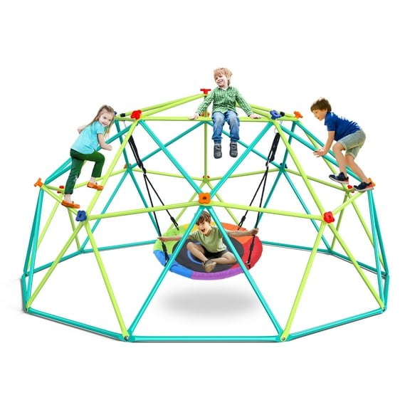 KloKick 10ft Dome Climber, Steel Jungle Gym with Saucer Swing Outdoor Play Equipment for Kids 3-12